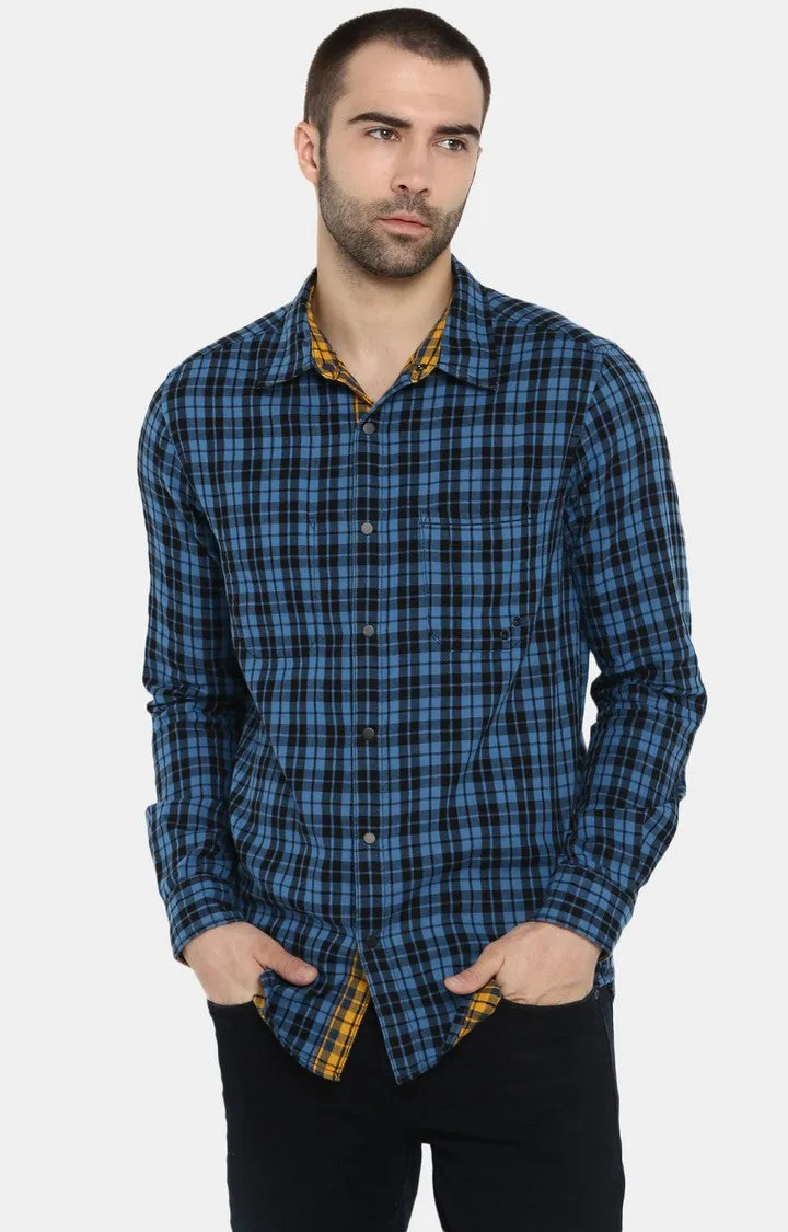 Spykar Slim Fit Men Blue & Yellow Reversible Cotton Casual Shirt