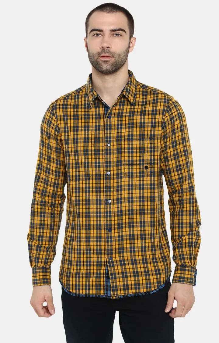 Spykar Slim Fit Men Blue & Yellow Reversible Cotton Casual Shirt