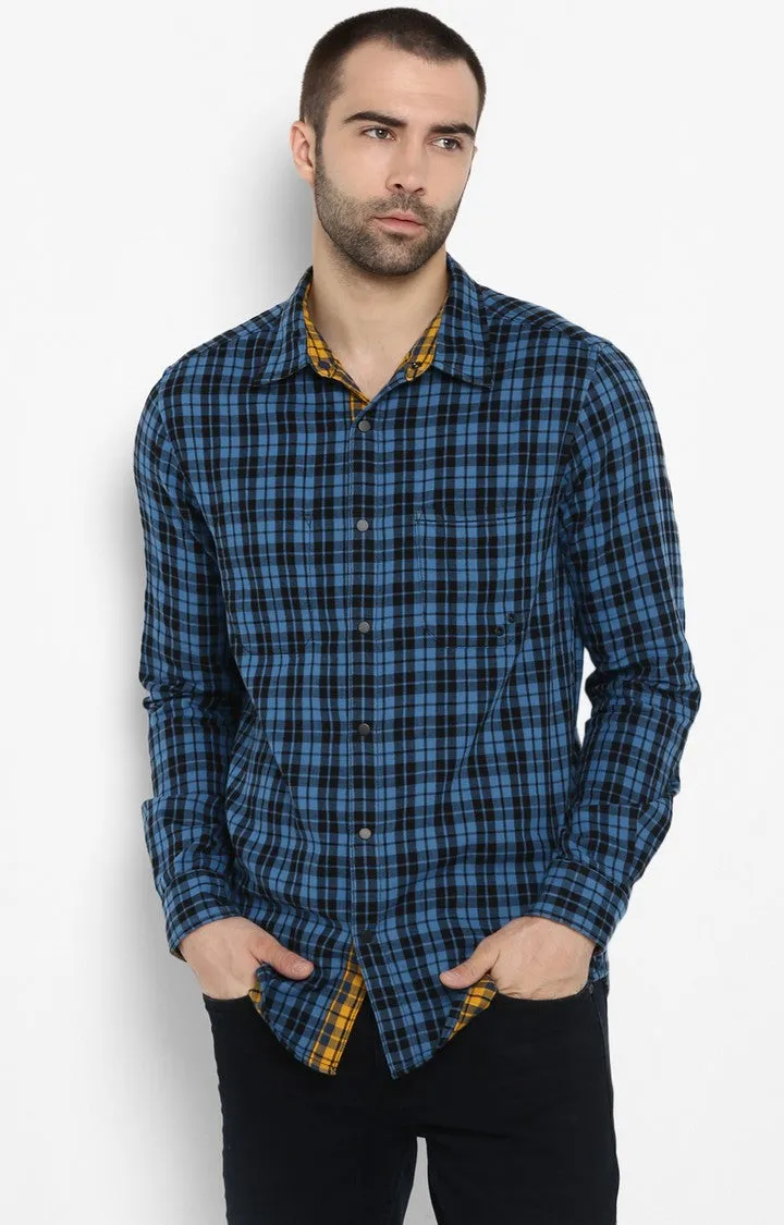 Spykar Slim Fit Men Blue & Yellow Reversible Cotton Casual Shirt