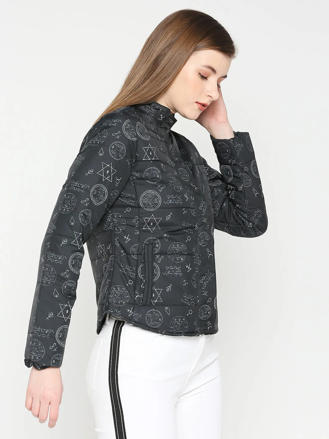 Spykar Women Black Nylon High Neck Printed Casual Jacket