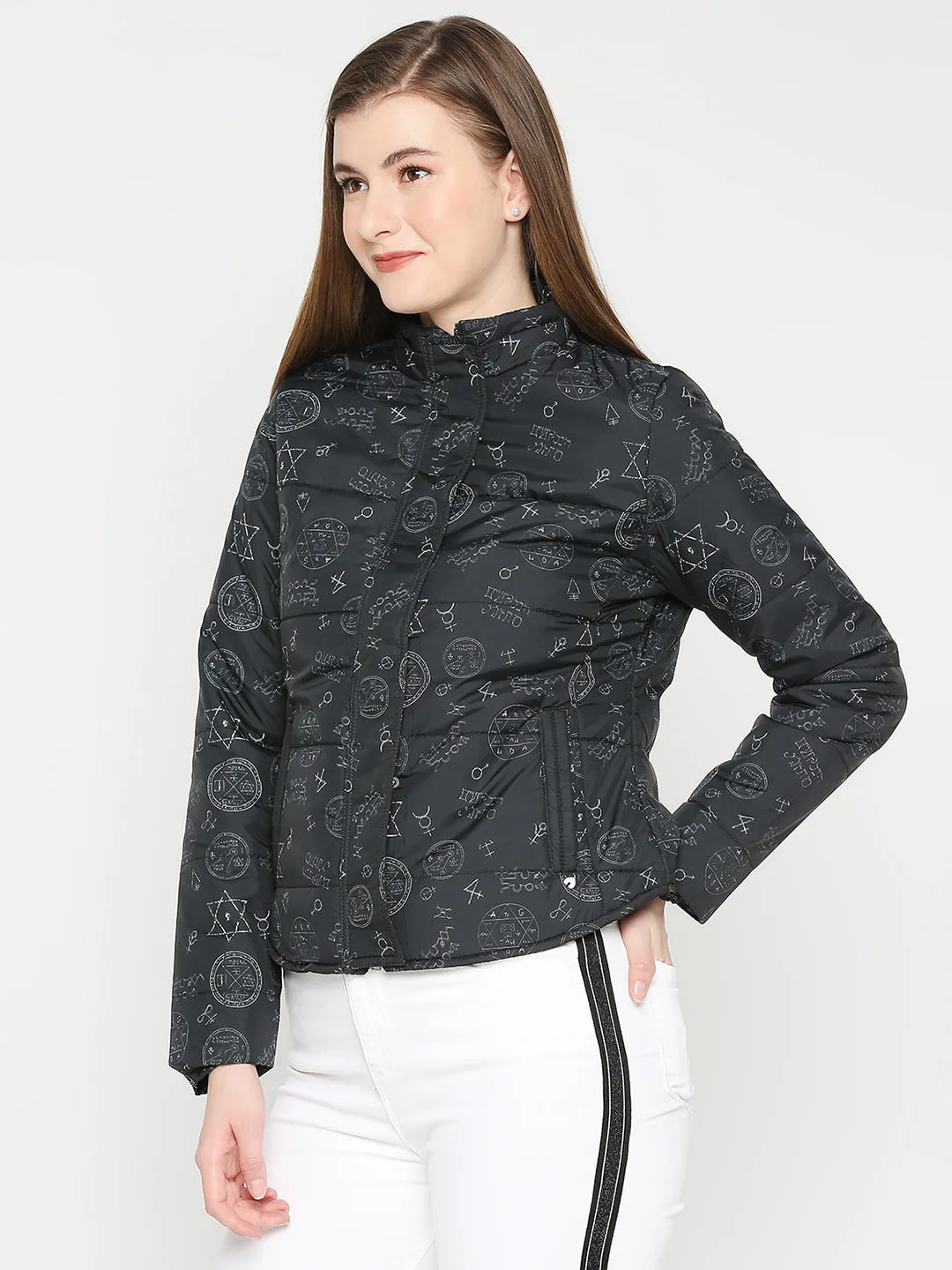 Spykar Women Black Nylon High Neck Printed Casual Jacket