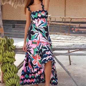 Strap Spaghetti Bohemian Backless Printed Beach Party Summer Sleeveless Dress