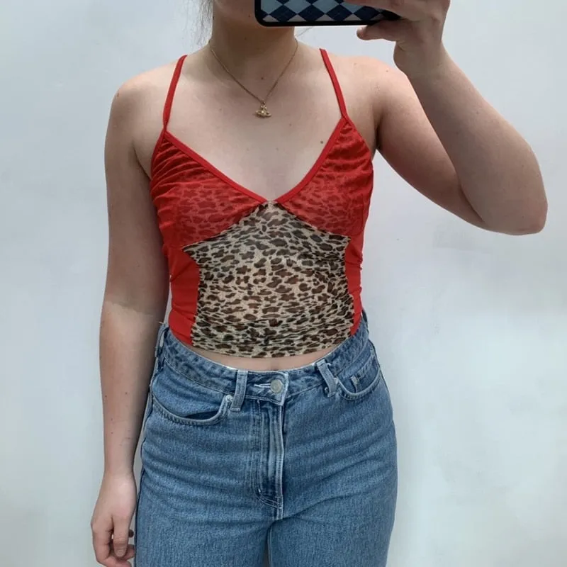 Summer Streetwear Leopard Print Patchwork Casual Tank Top For Women Sleeveless V Neck Sexy Clubwear Female Crop Top Red