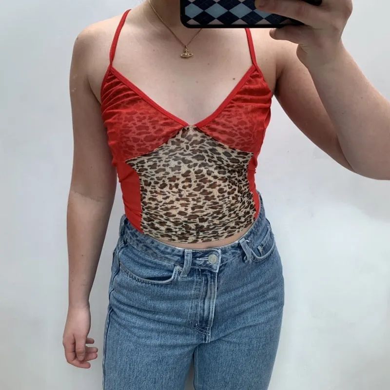 Summer Streetwear Leopard Print Patchwork Casual Tank Top For Women Sleeveless V Neck Sexy Clubwear Female Crop Top Red