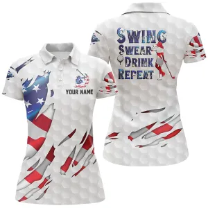 Swing Swear Drink Repeat American Flag Golf Polo Shirt Custom Patriotic Golf Shirts For Women