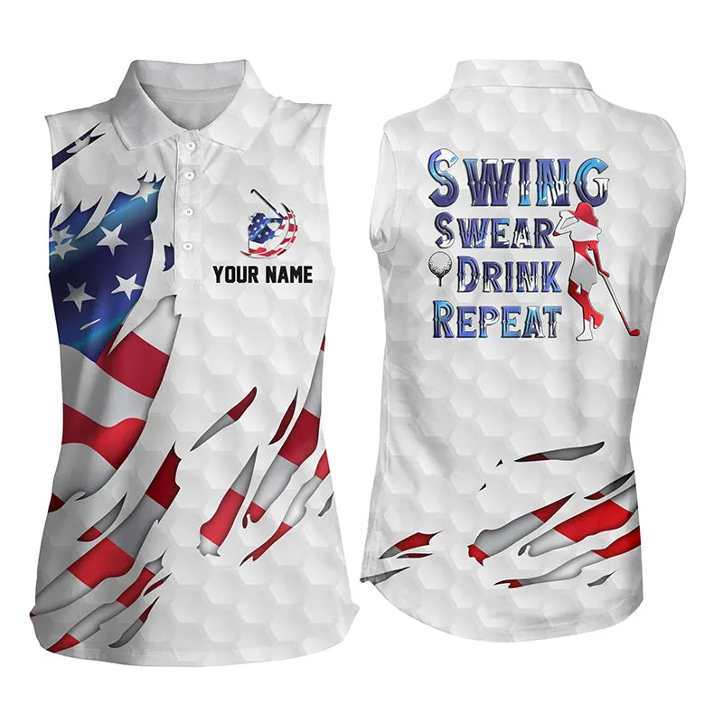 Swing Swear Drink Repeat American Flag Golf Polo Shirt Custom Patriotic Golf Shirts For Women