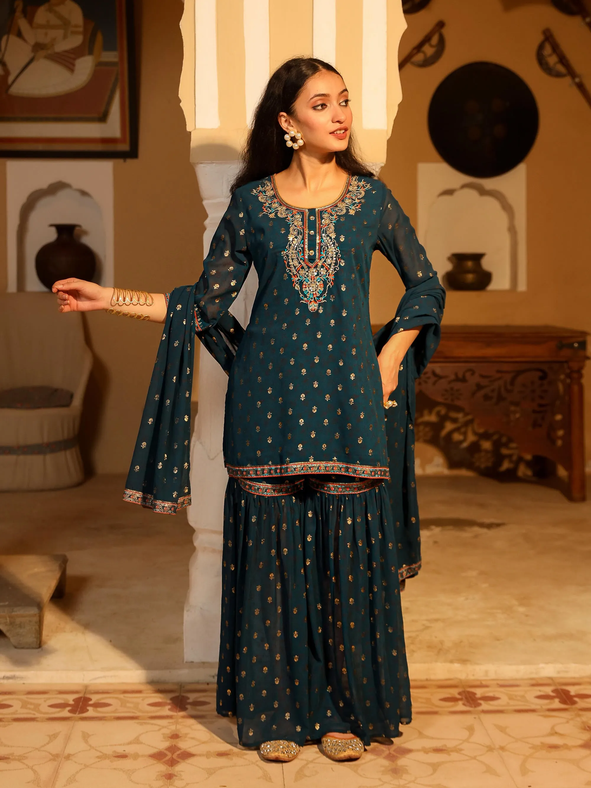 The Swarn Teal Ethnic Motif Printed Georgette Kurta Pant And Dupatta With Sequins & Zari Work