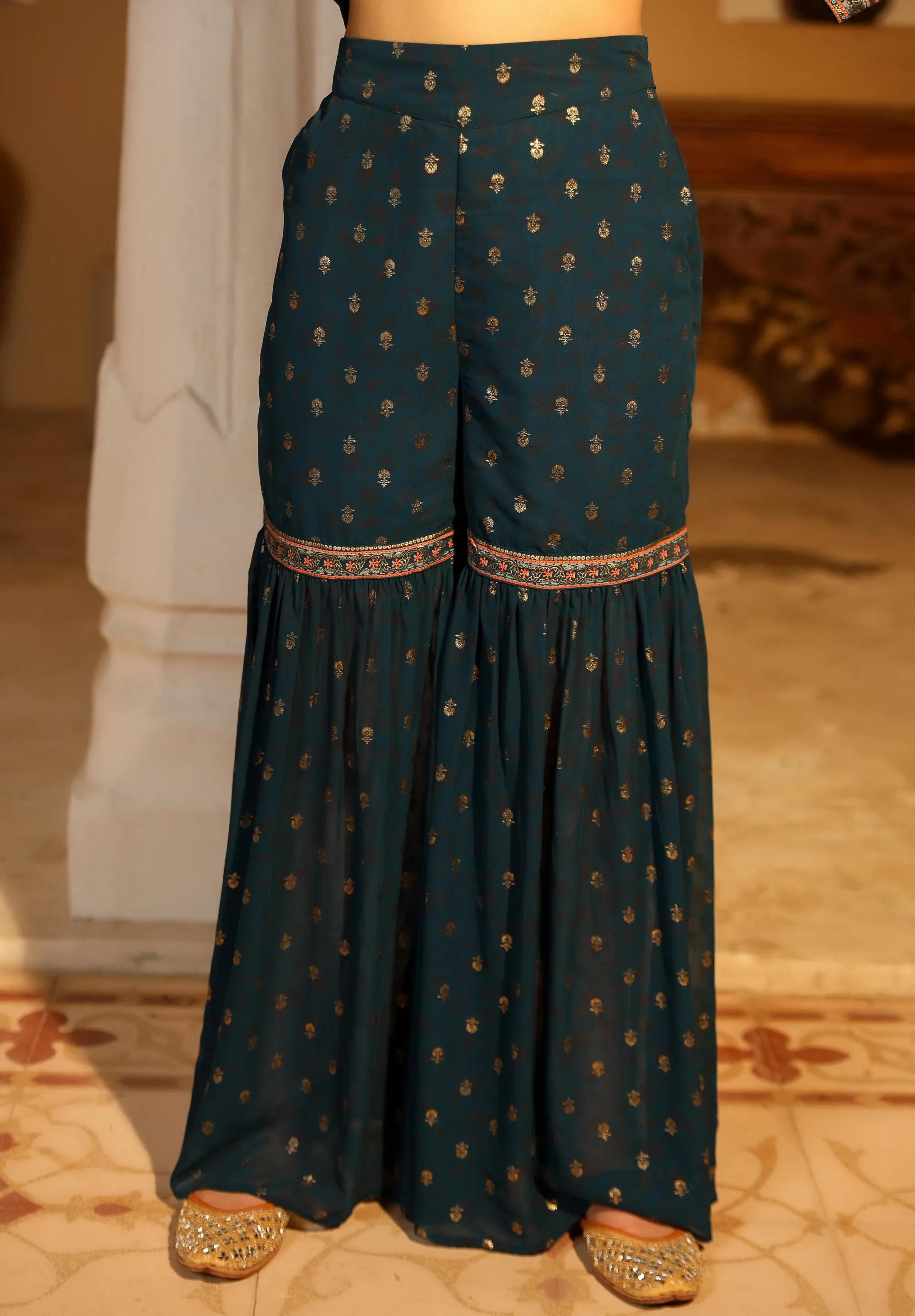 The Swarn Teal Ethnic Motif Printed Georgette Kurta Pant And Dupatta With Sequins & Zari Work