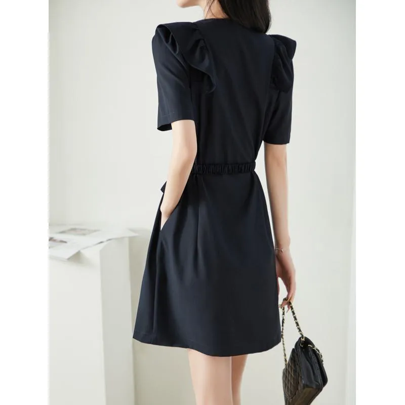 Tie-Up Ruffle Hem Slimming Dress