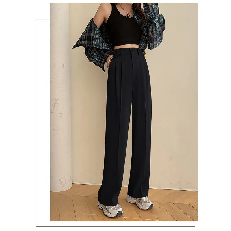 Trousers Draping Straight Floor-Length High-Waisted Loose Fit Wide-Leg Pants