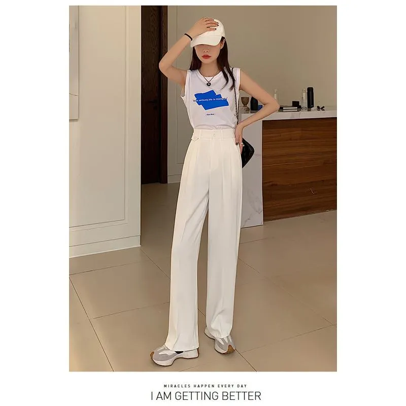 Trousers Draping Straight Floor-Length High-Waisted Loose Fit Wide-Leg Pants