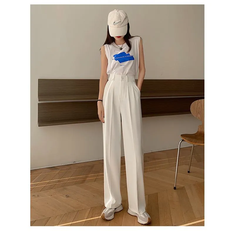 Trousers Draping Straight Floor-Length High-Waisted Loose Fit Wide-Leg Pants