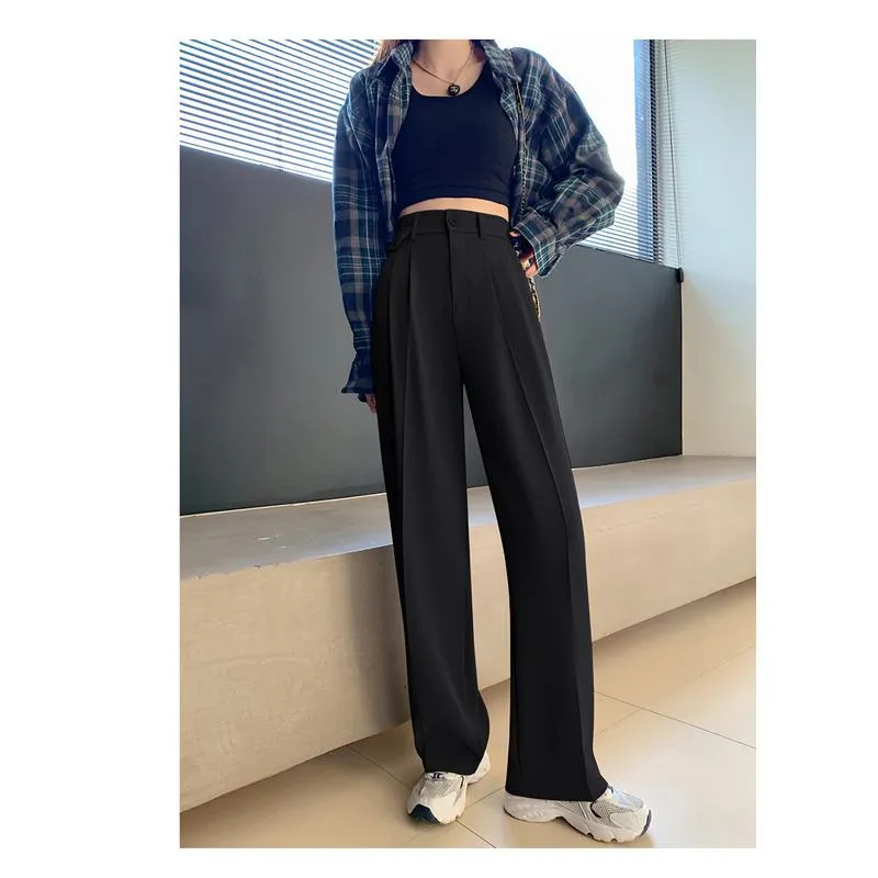 Trousers Draping Straight Floor-Length High-Waisted Loose Fit Wide-Leg Pants