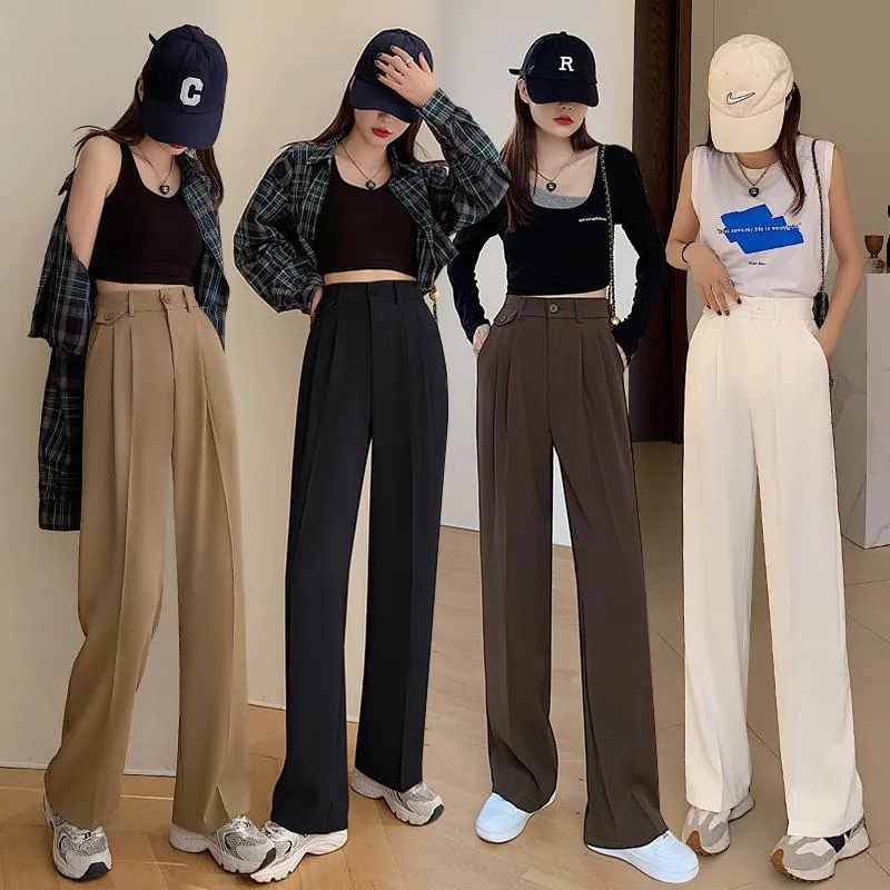 Trousers Draping Straight Floor-Length High-Waisted Loose Fit Wide-Leg Pants