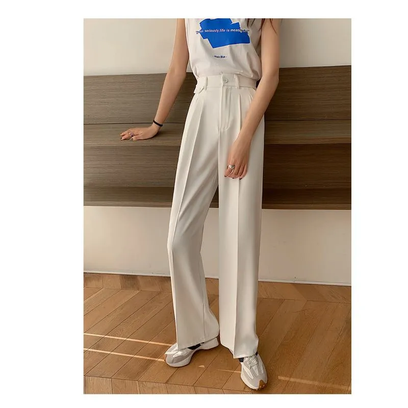 Trousers Draping Straight Floor-Length High-Waisted Loose Fit Wide-Leg Pants