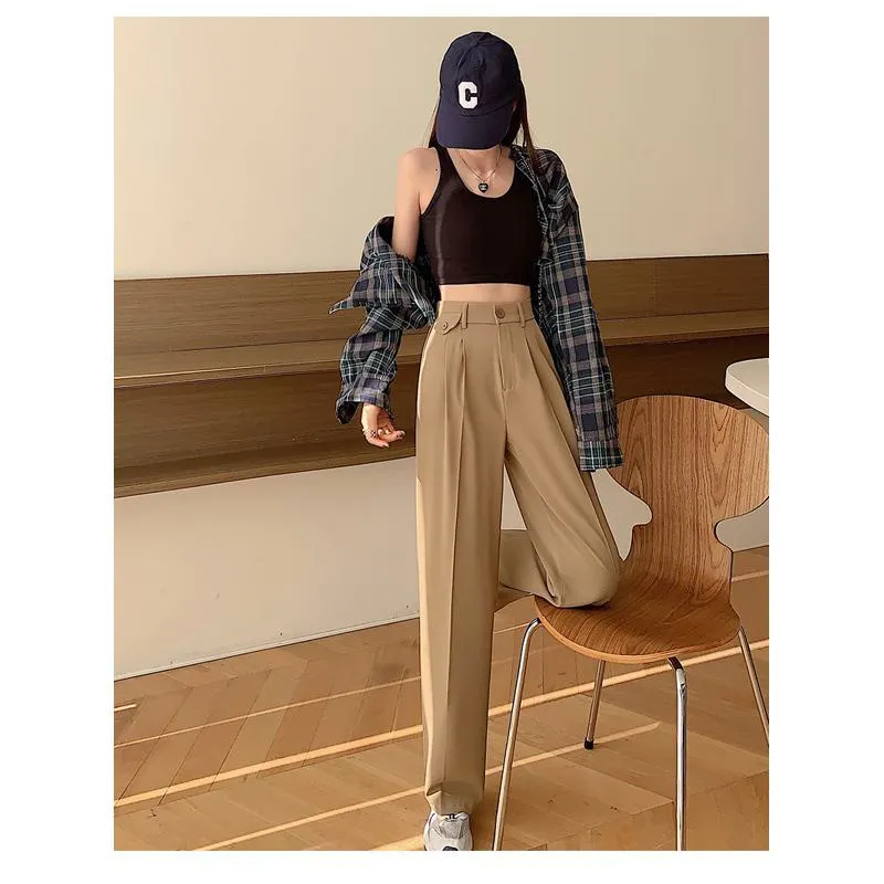 Trousers Draping Straight Floor-Length High-Waisted Loose Fit Wide-Leg Pants