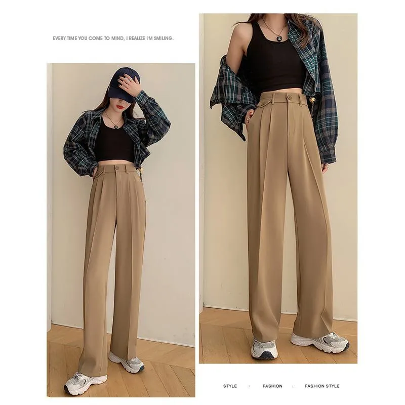 Trousers Draping Straight Floor-Length High-Waisted Loose Fit Wide-Leg Pants