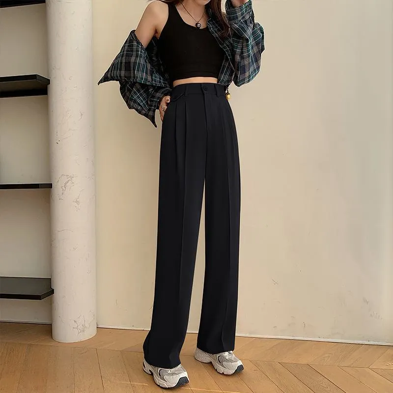 Trousers Draping Straight Floor-Length High-Waisted Loose Fit Wide-Leg Pants