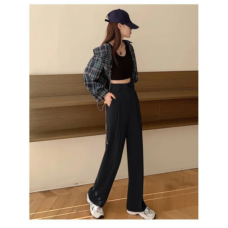 Trousers Draping Straight Floor-Length High-Waisted Loose Fit Wide-Leg Pants