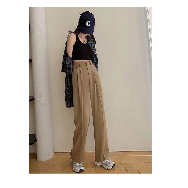 Trousers Draping Straight Floor-Length High-Waisted Loose Fit Wide-Leg Pants