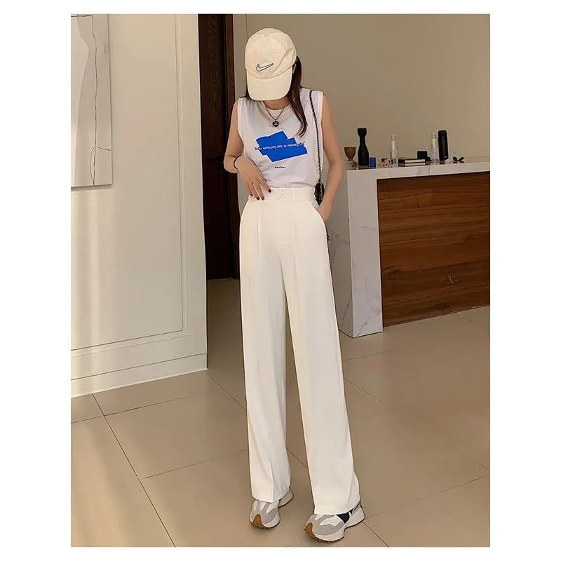 Trousers Draping Straight Floor-Length High-Waisted Loose Fit Wide-Leg Pants