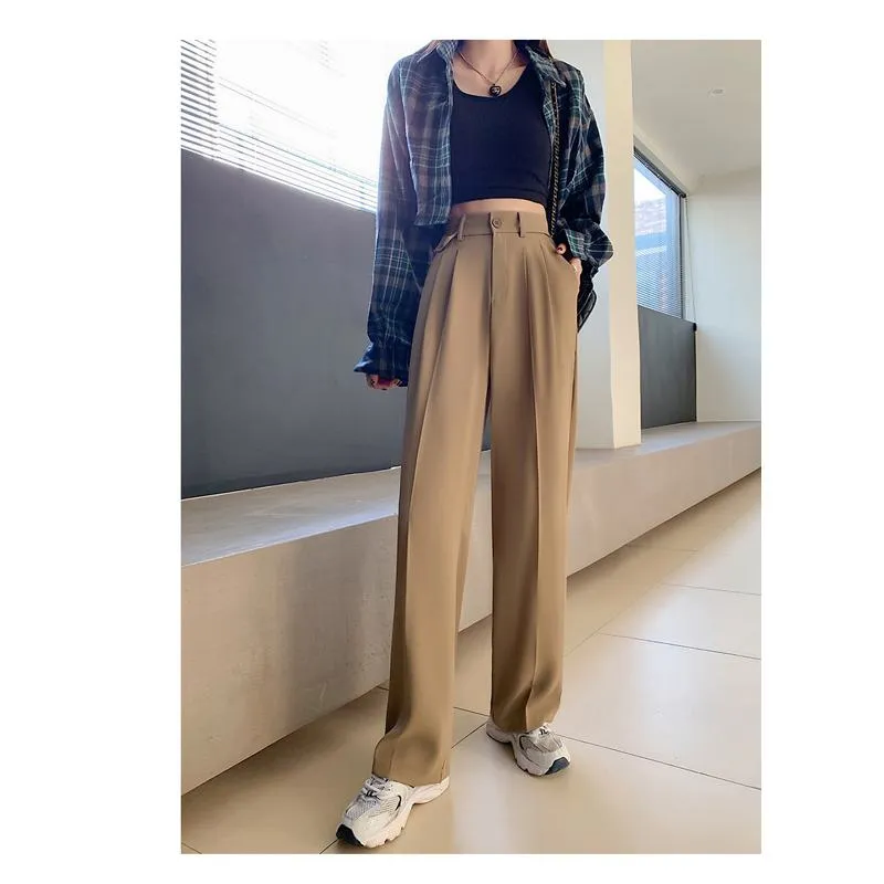 Trousers Draping Straight Floor-Length High-Waisted Loose Fit Wide-Leg Pants