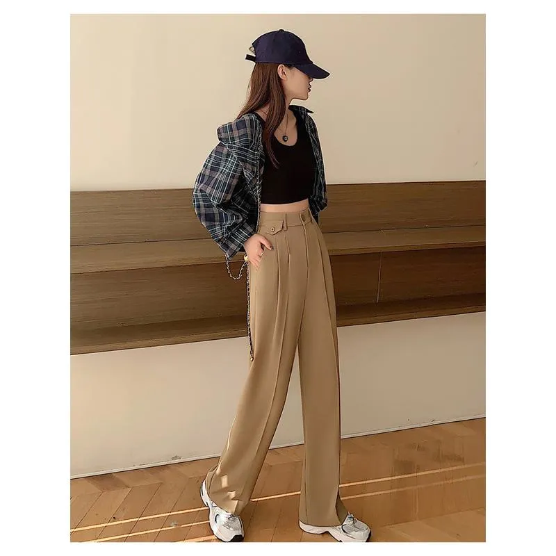 Trousers Draping Straight Floor-Length High-Waisted Loose Fit Wide-Leg Pants