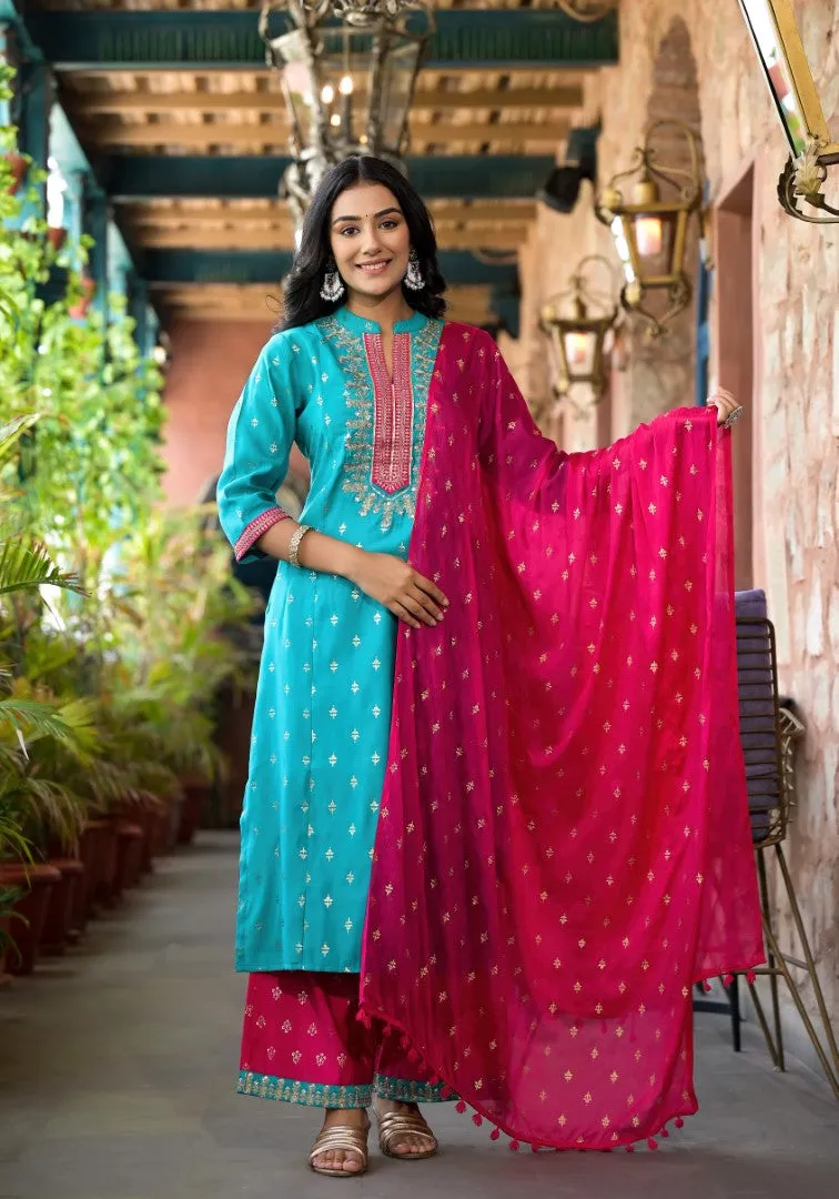 Turquoise Ethnic Motif Printed Liva Rayon Kurta Pant And Dupatta Set With Zari & Mirror Work