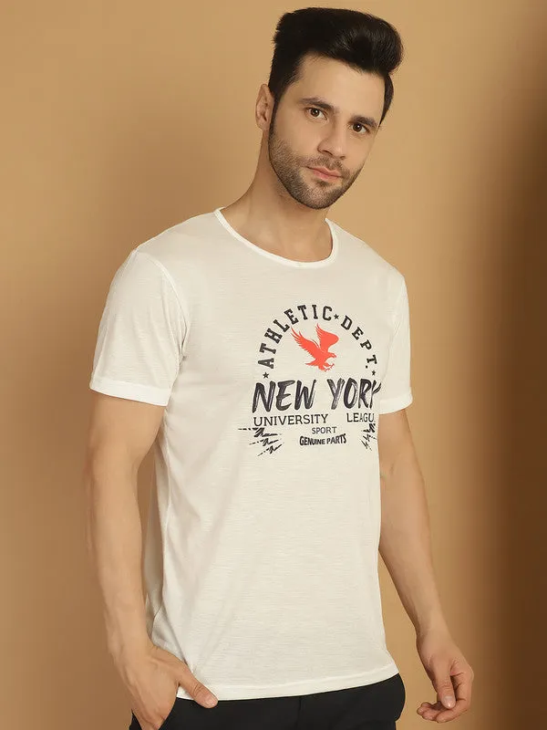 Vimal Jonney Printed White Round Neck Cotton Half sleeves Tshirt For Men