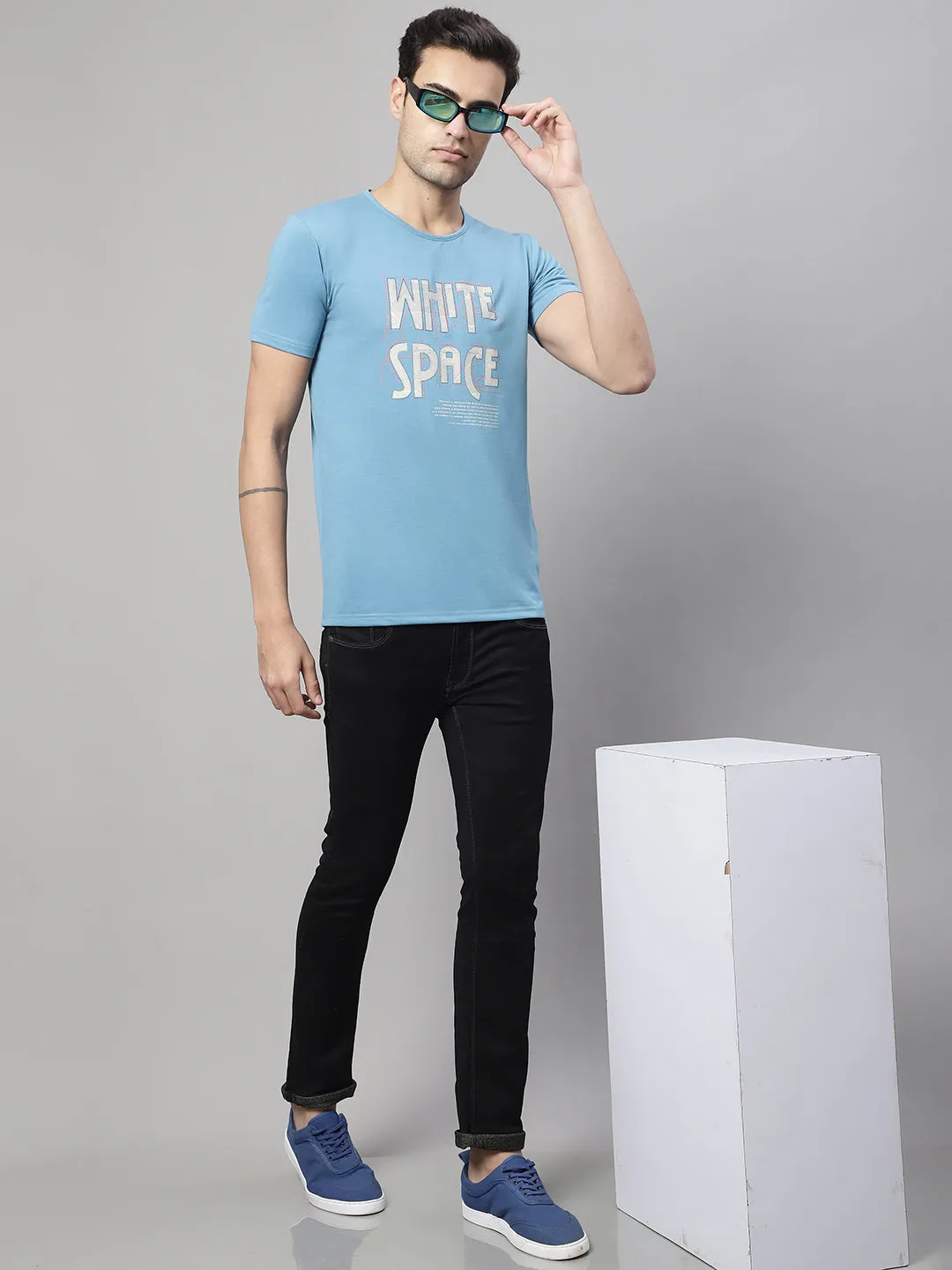 Vimal Jonney Round Neck Cotton Printed Blue T-Shirt for Men