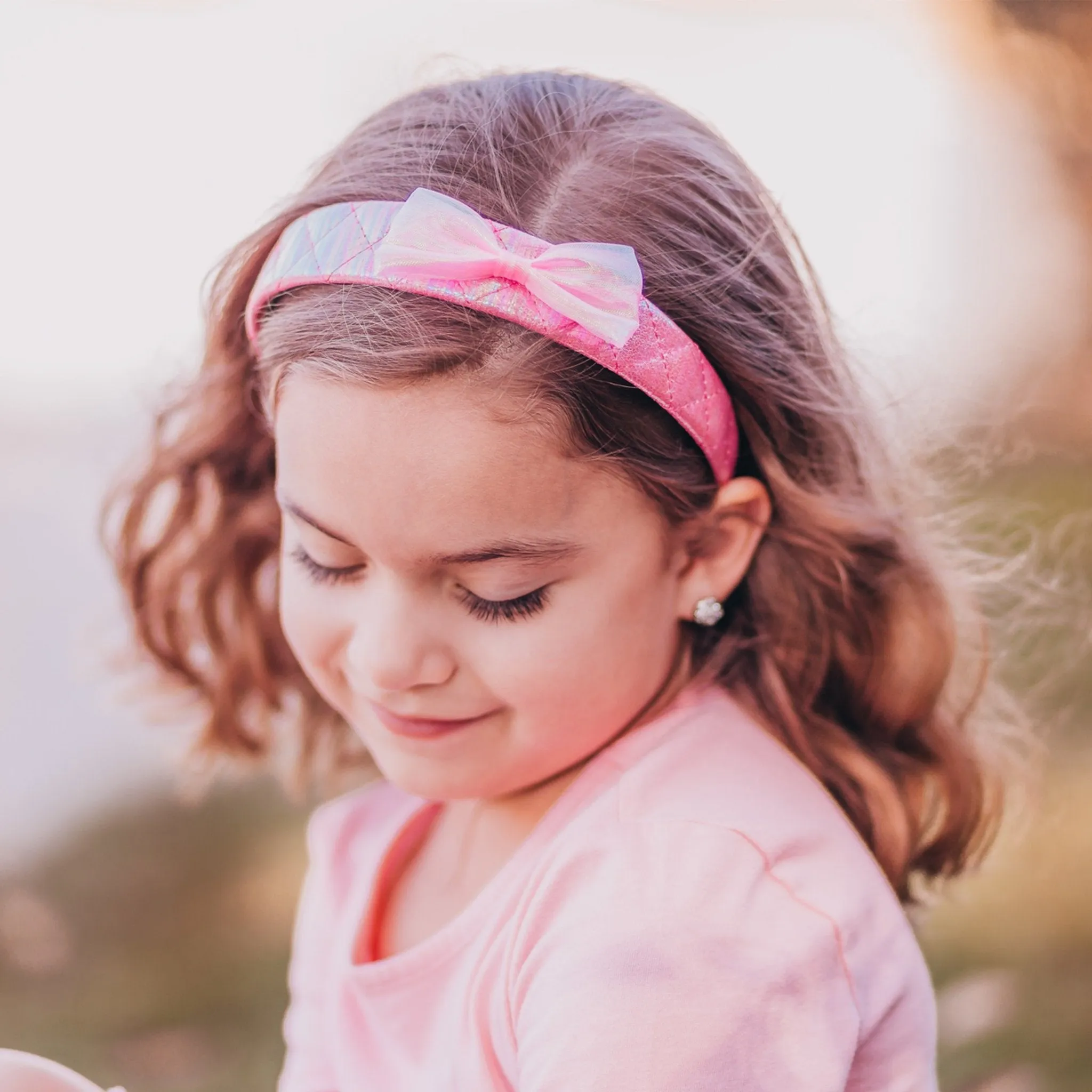 Wide Pink Iridescent Quilted Bow Headband