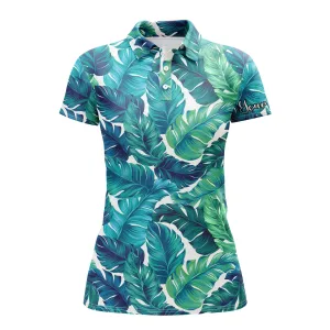 Women Golf Polo Shirt Turquoise And Green Tropical Leaves Custom Team Golf Polo Shirts