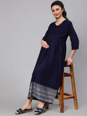 Women Navy Blue Maternity Dress With Three Quater Sleeves