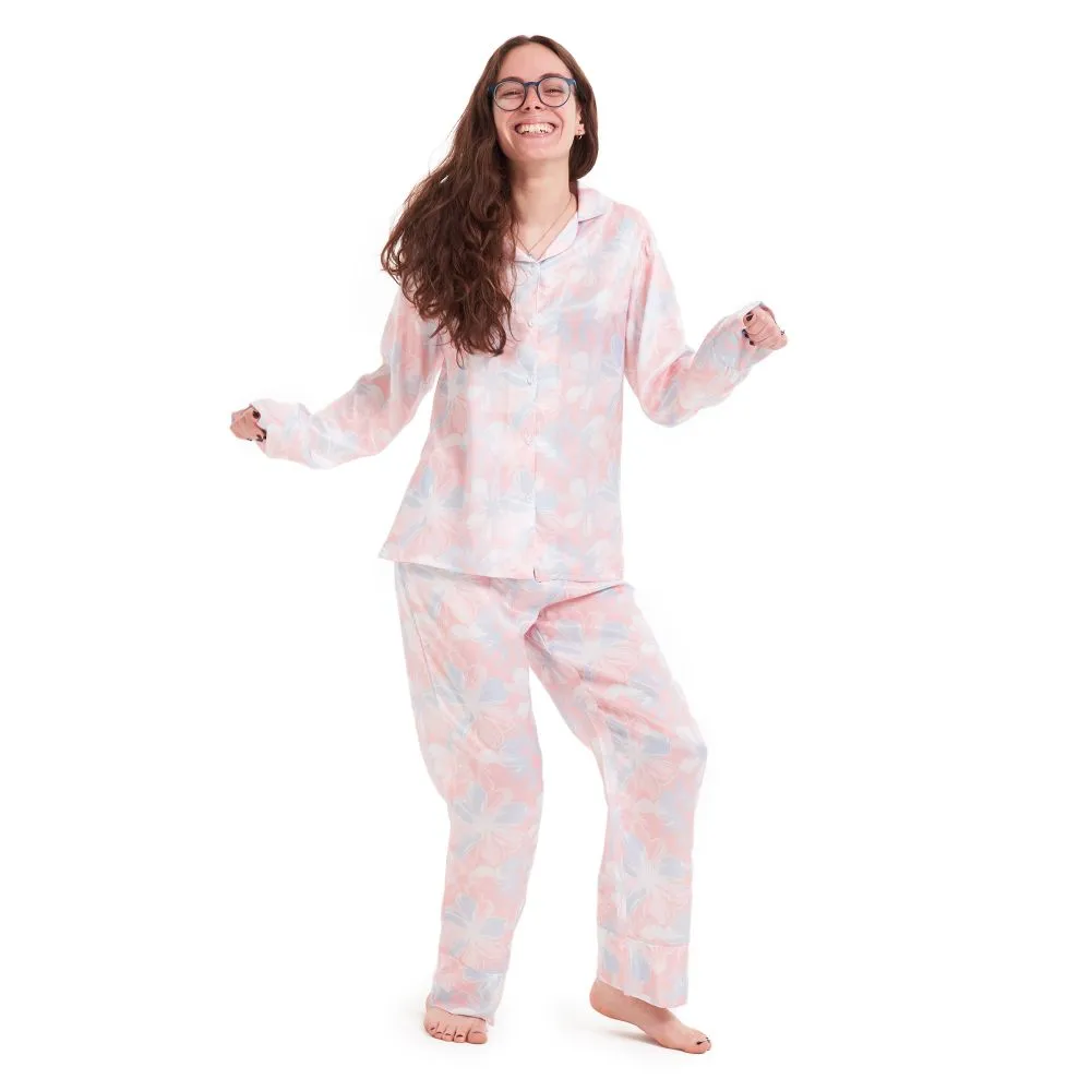 Women Satin summer pajama set Rose flowered buttoned shirt   Pants