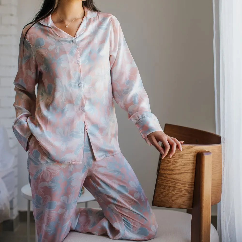 Women Satin summer pajama set Rose flowered buttoned shirt   Pants