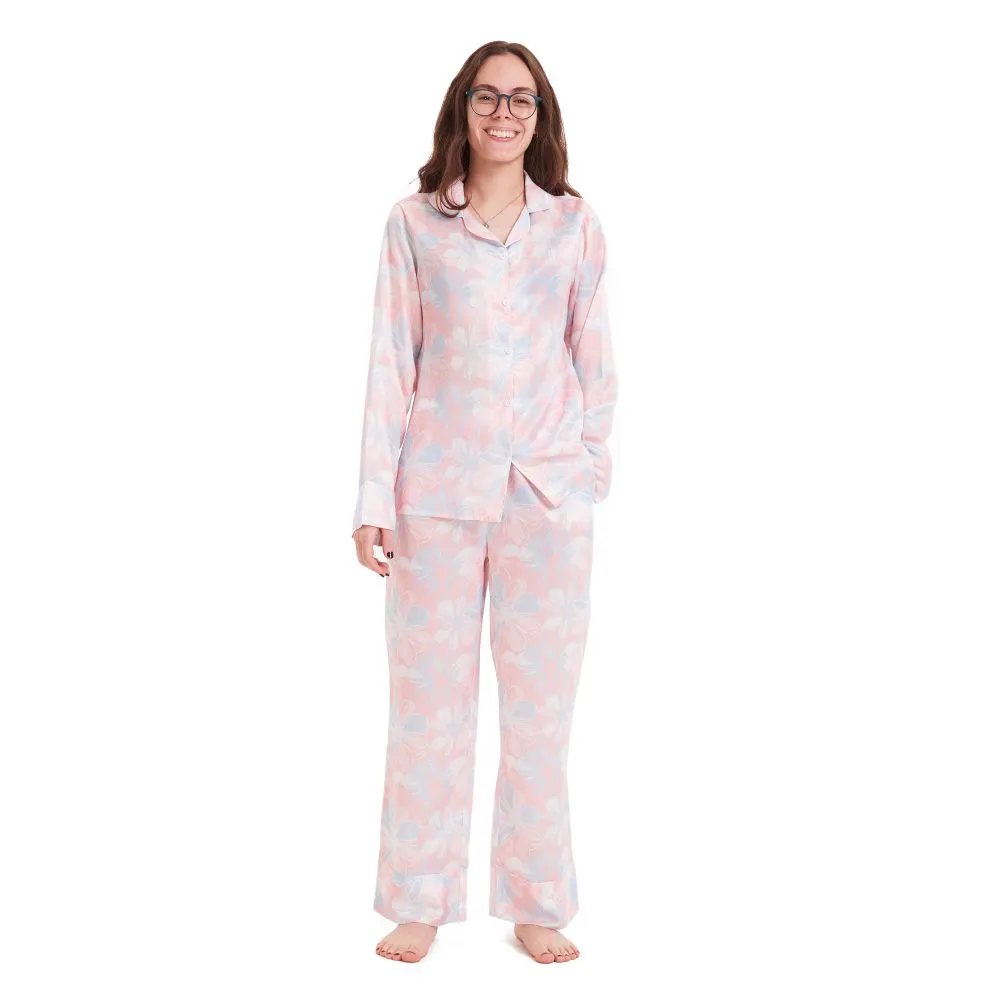 Women Satin summer pajama set Rose flowered buttoned shirt   Pants