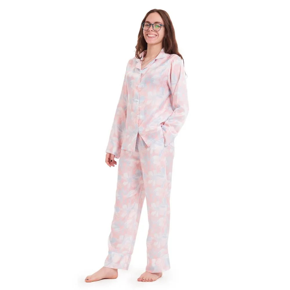 Women Satin summer pajama set Rose flowered buttoned shirt   Pants