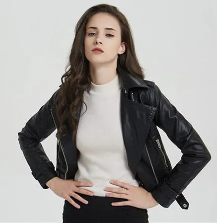 Women Short Slim Zipper Biker Leather Jacket