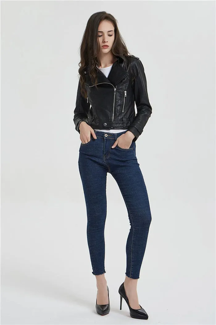 Women Short Slim Zipper Biker Leather Jacket