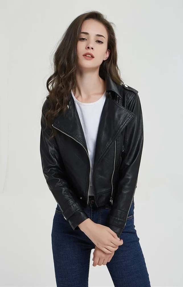 Women Short Slim Zipper Biker Leather Jacket