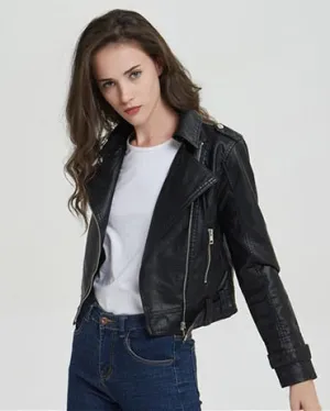 Women Short Slim Zipper Biker Leather Jacket