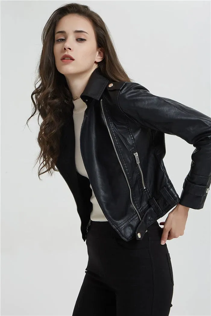 Women Short Slim Zipper Biker Leather Jacket