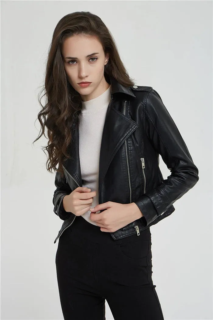 Women Short Slim Zipper Biker Leather Jacket