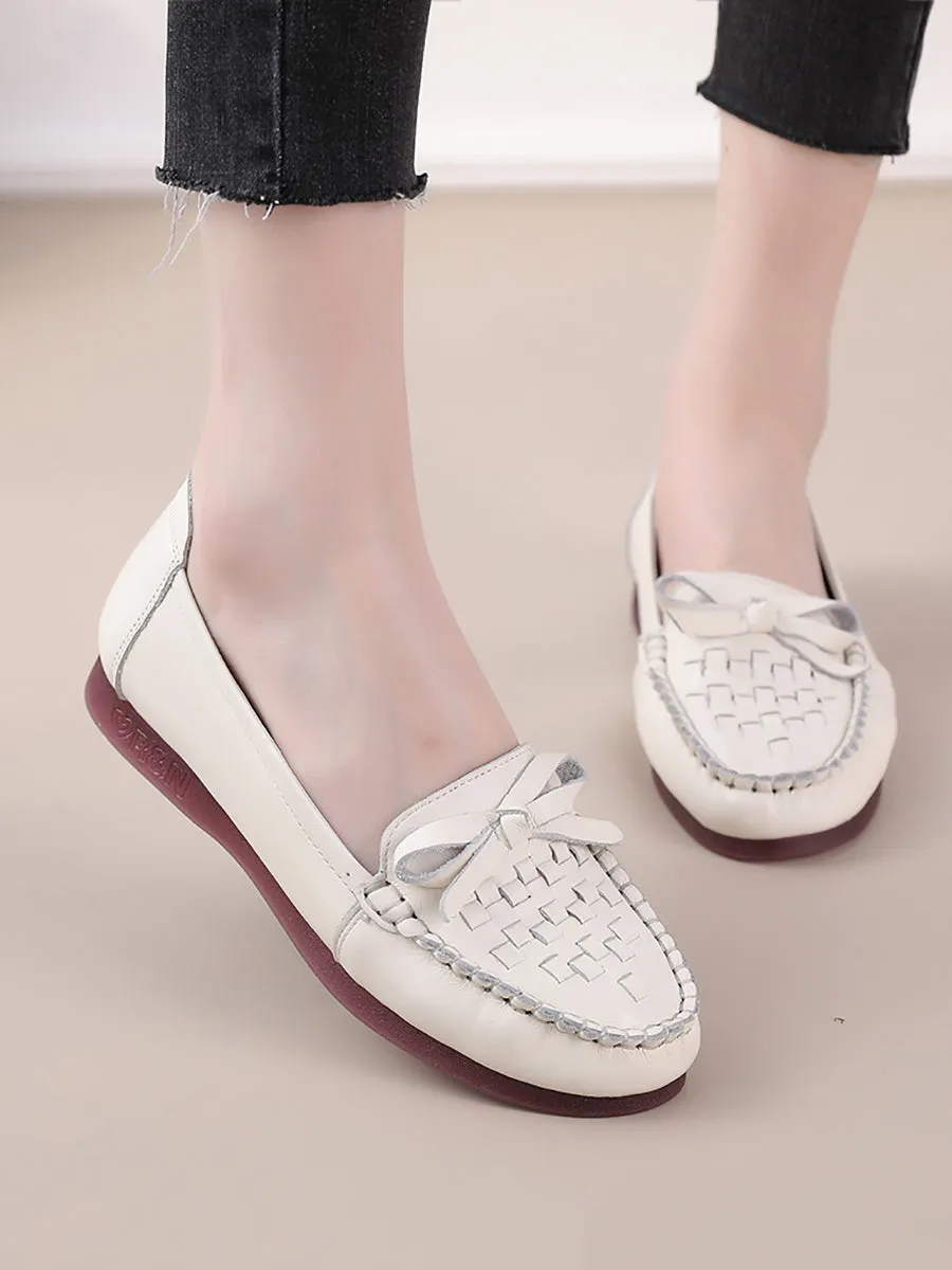 Women Summer Casual Solid Soft Leather Weave Flat Shoes