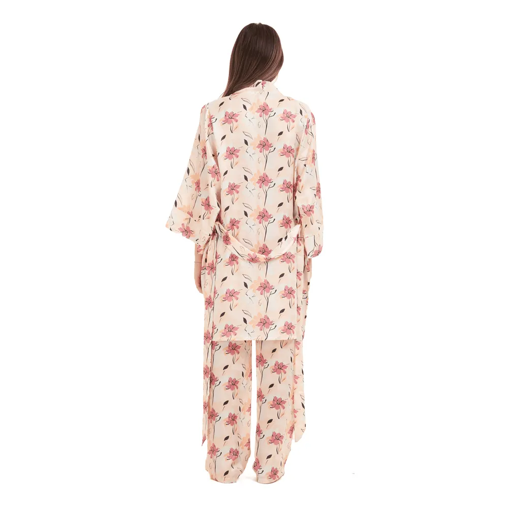 Women Summer satin 3 piece pajama set  Cashmere Top  Cashmere x Simon flowered kimono & Pants