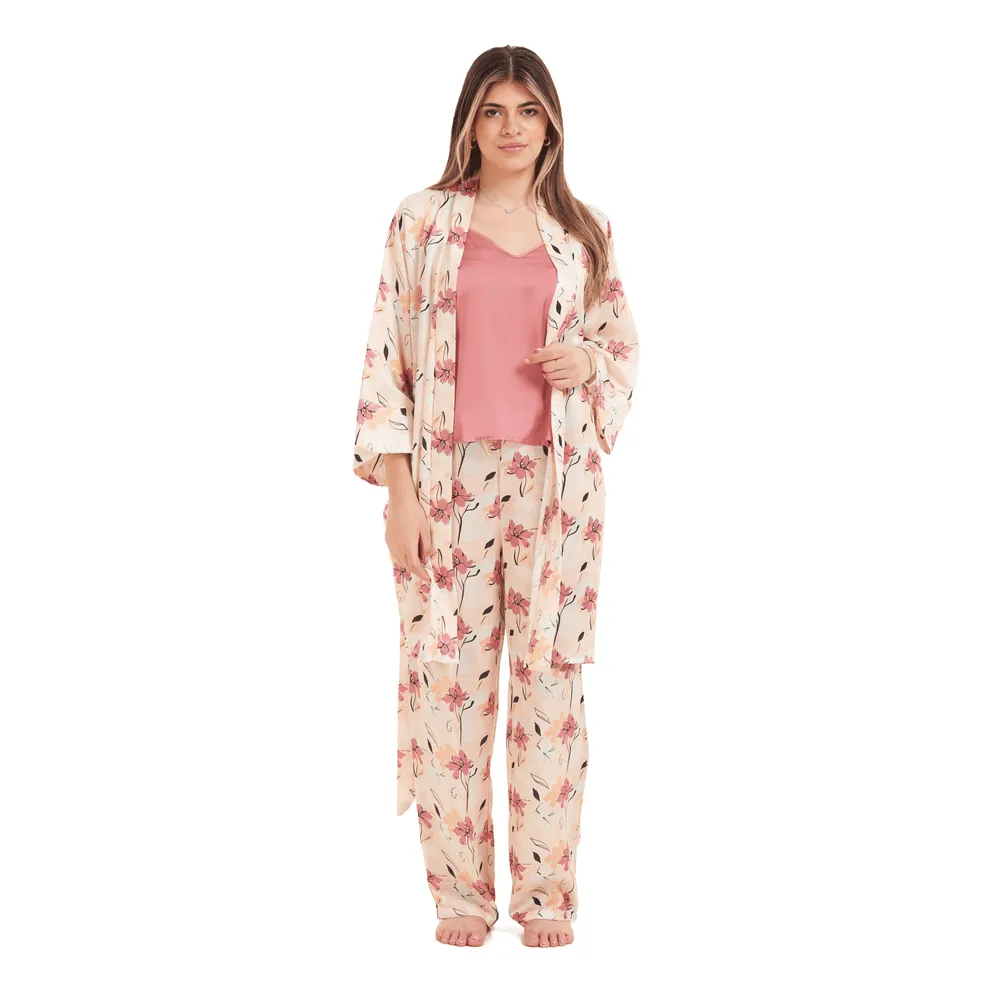 Women Summer satin 3 piece pajama set  Cashmere Top  Cashmere x Simon flowered kimono & Pants