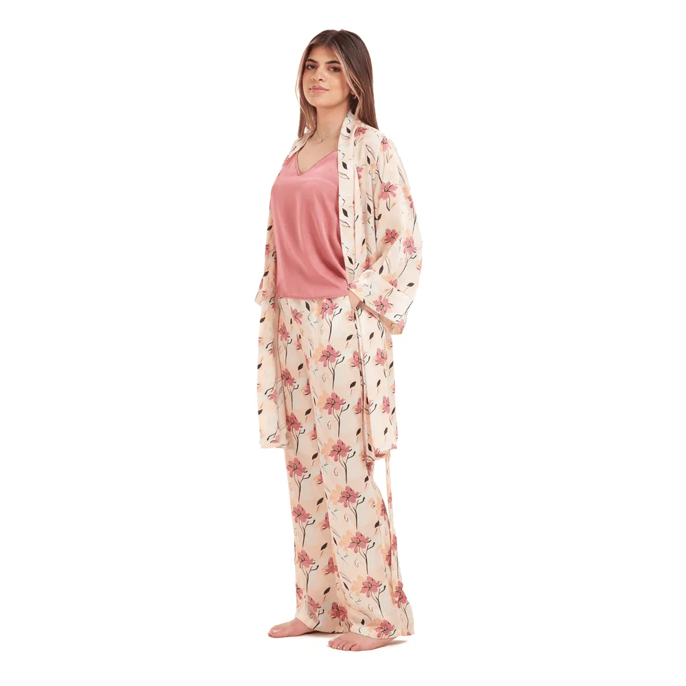 Women Summer satin 3 piece pajama set  Cashmere Top  Cashmere x Simon flowered kimono & Pants