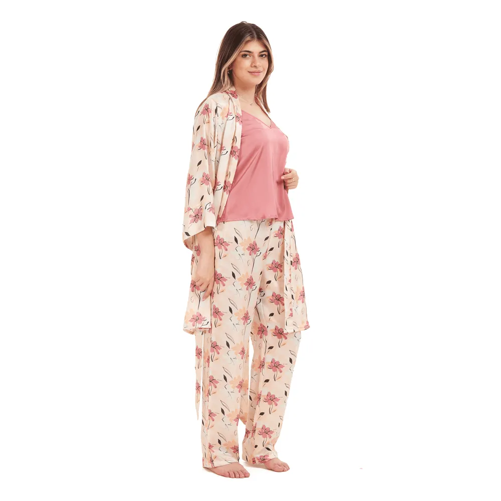 Women Summer satin 3 piece pajama set  Cashmere Top  Cashmere x Simon flowered kimono & Pants