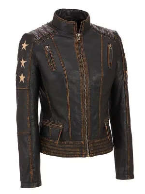 Women's Stars and Stripes Aged Brown Vintage Leather Jacket